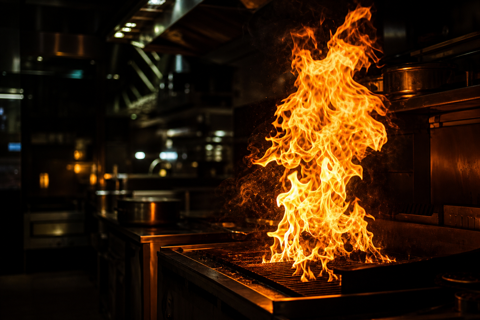 Flames rising from a commercial kitchen grill
